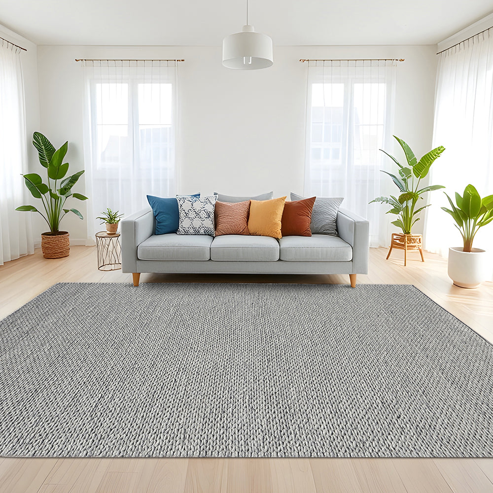 Hand Knotted Medium Pile Cloud Colored Wool Rug, Braided Loop Pile Weave, Rectangle Shape, Non-Shedding/Easy-Cleaning Area Rug
