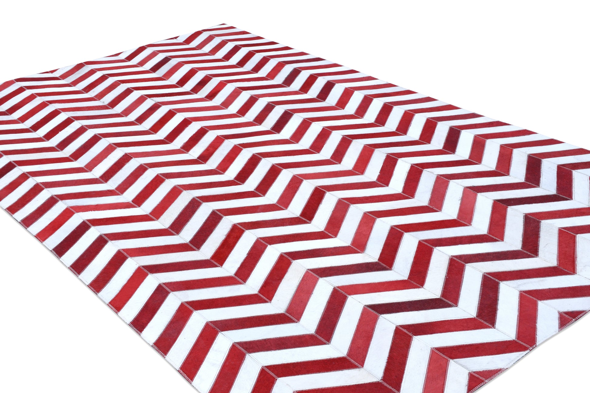 Crimson Chevron Handmade Dyed Fur-On Leather Hide Area Rug