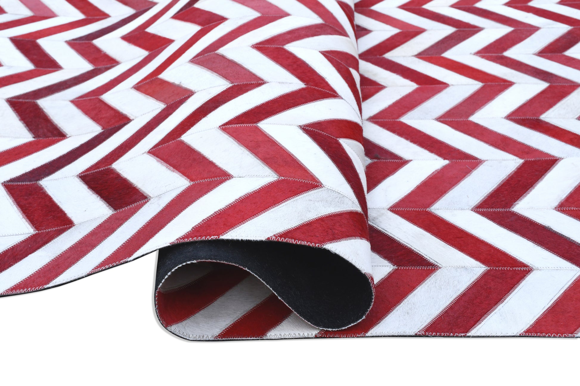 Crimson Chevron Handmade Dyed Fur-On Leather Hide Area Rug