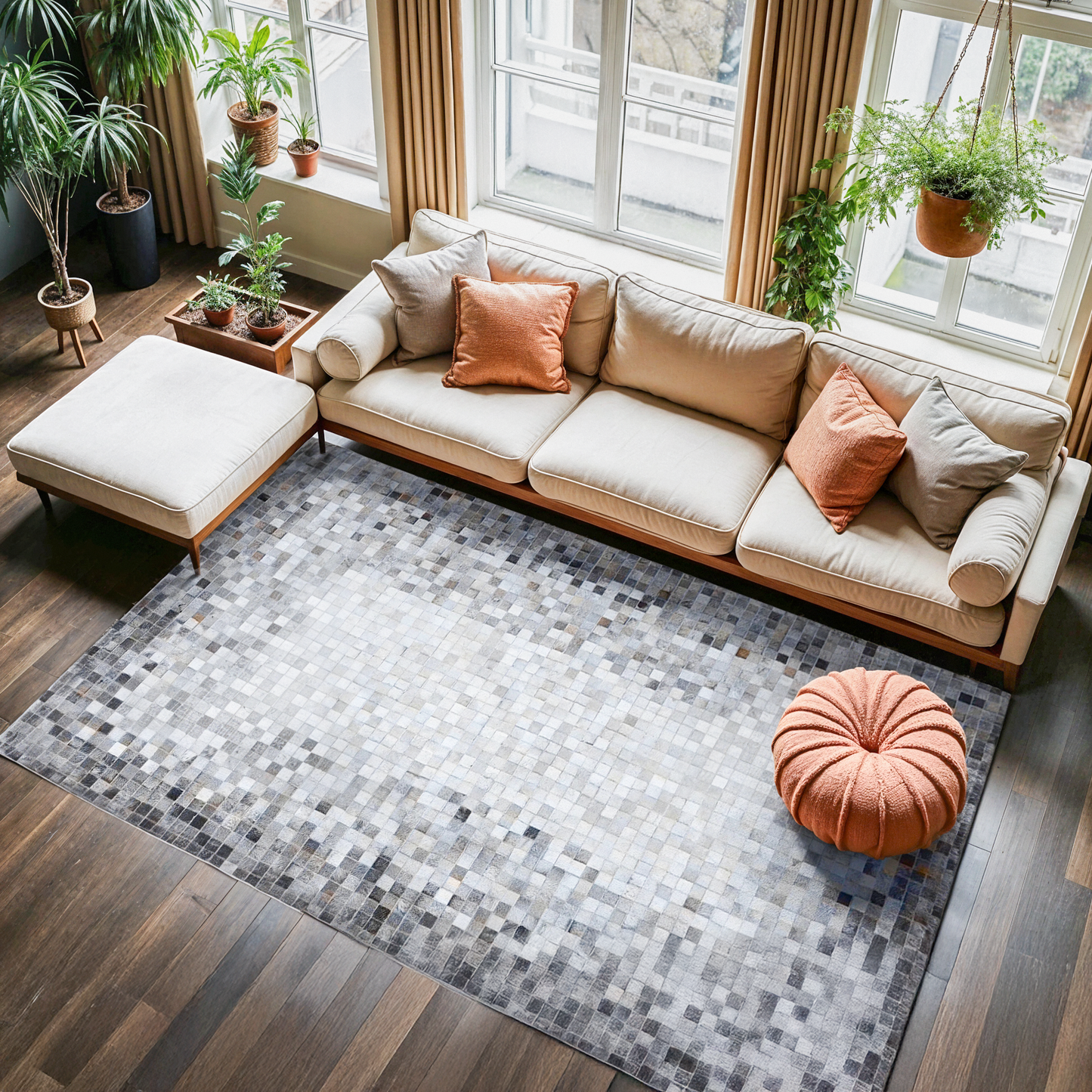Leather Area Rug, Urban Art Ombre Handstitched Multi-colored Area Rug, Rectangle Shape, Modern flair to Living Room & Bedroom - Tufty Home