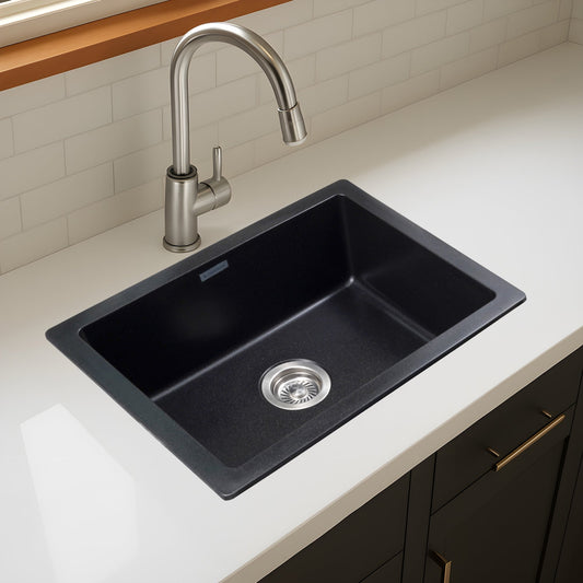 24" Quartz Composite Kitchen Sink - Dual Mount Single Bowl with Steel Drain Strainer
