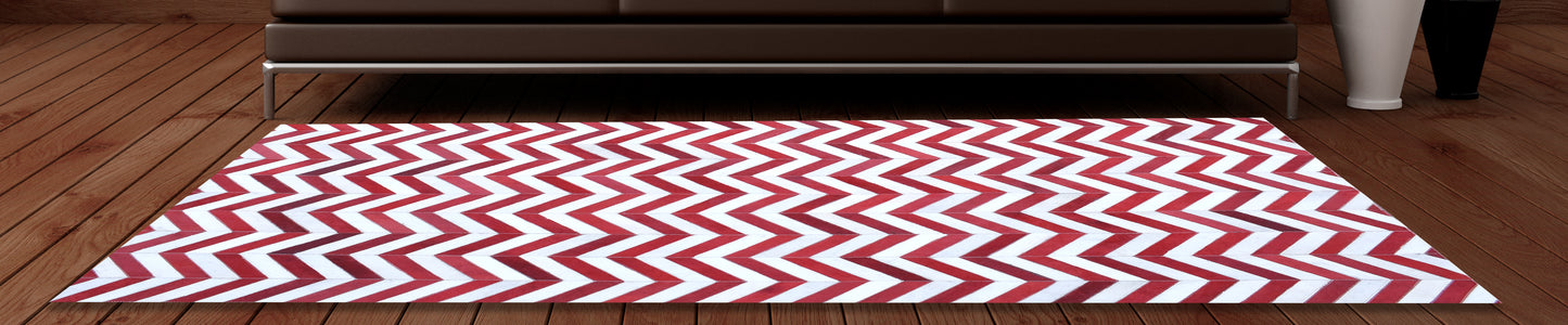 Crimson Chevron Handmade Dyed Fur-On Leather Hide Area Rug