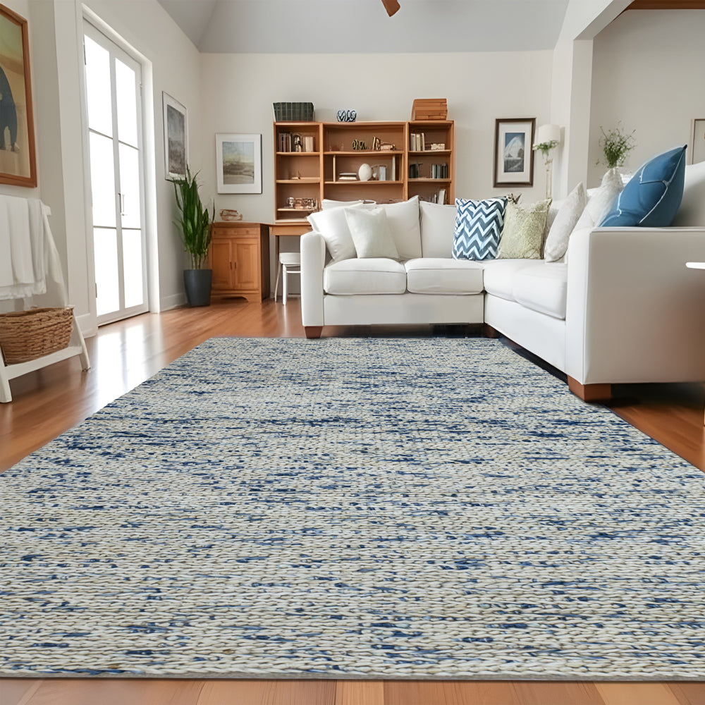 Handmade Coastal, Bohemian Rug, Abstract, Rectangle Shape, Eco Friendly White & Blue Area Rug