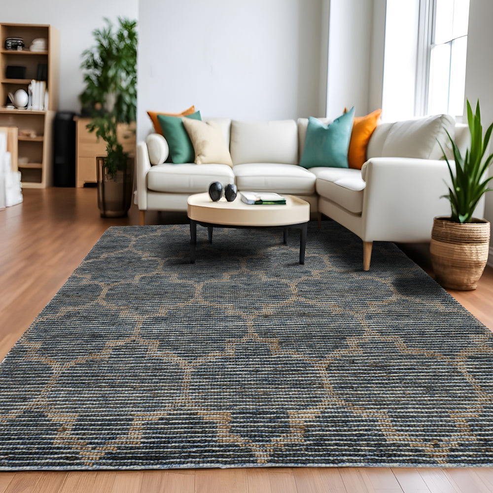 Noori Geometric Flatweave Blue & Brown Geometric Trellis Wool/Jute Loop Natural Fiber, Rectangle Shape, Indoor/Outdoor Jute Area Rug,