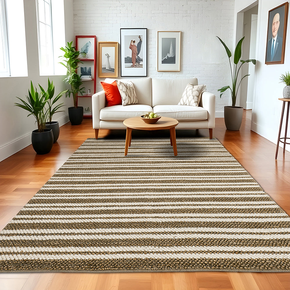 Bohemian Stripe Handmade Flatweave Brown Jute & Ivory Wool Double Stripe Area Rug, Boho, Natural Fiber, Rectangle Shape, Eco Friendly Jute Area Rug