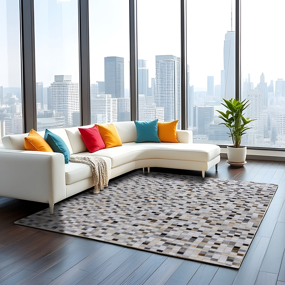 Handmade Grey and Brown Abstract Patchwork, Rectangle Urban Art Mosaic Patterned Leather Area Rug