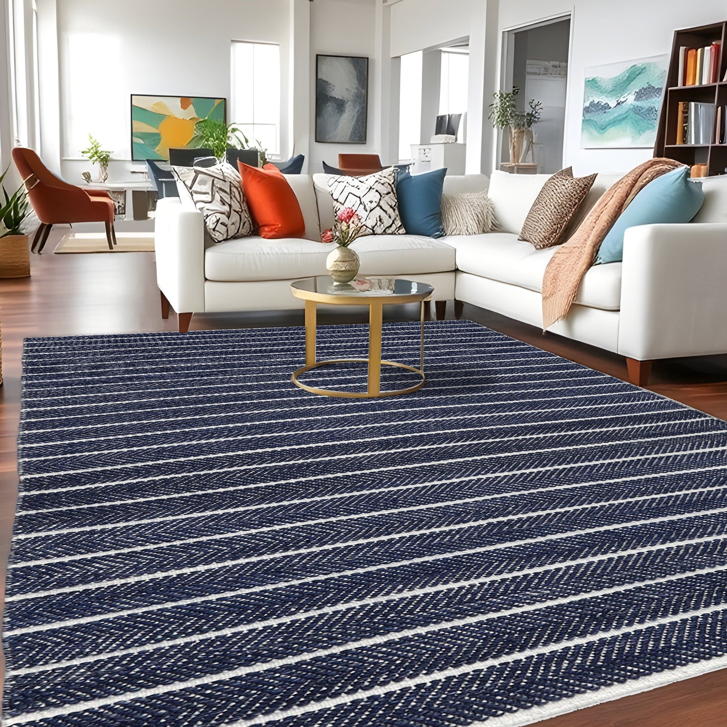 Hand Woven Blue & Beige Directional Stripe Wool Rug, Rectangle Shape, Coastal Flatweave Area Rug