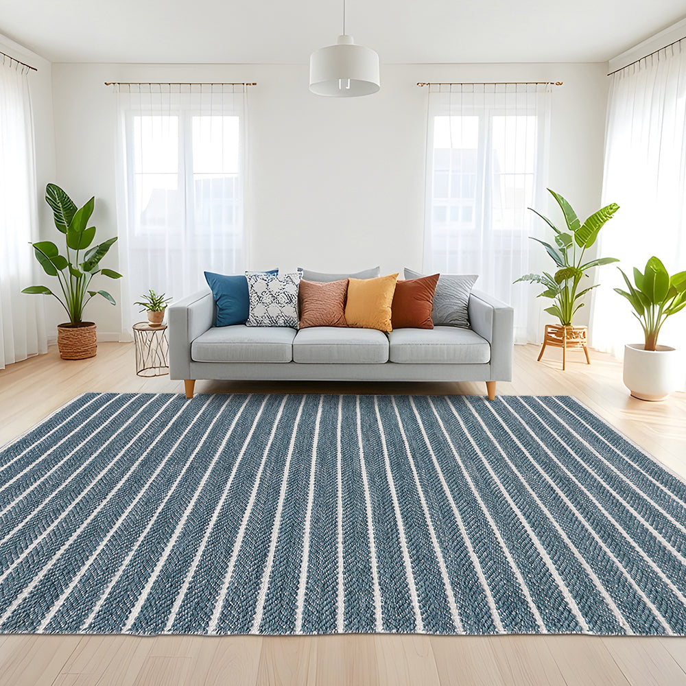 Hand Woven Turquoise & Beige Directional Stripe Wool Rug, Rectangle Shape, Coastal Flatweave Area Rug