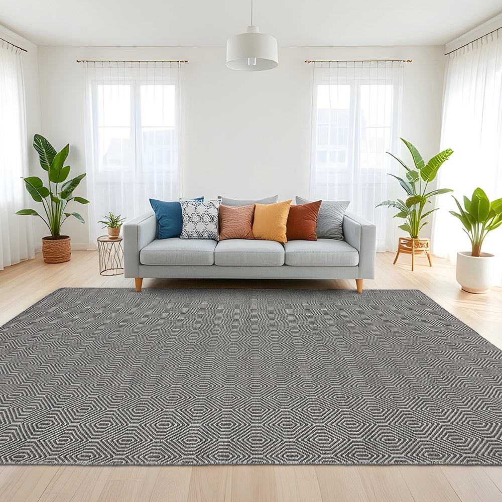 Hand Woven Grey & Beige Stacked Hexagon Patterned Wool Rug, Rectangle Shape, Coastal Flatweave Area Rug