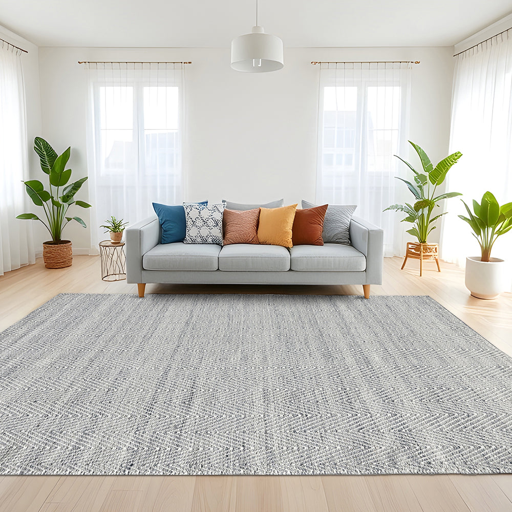 Hand Woven Ivory & Grey Chevron Patterned Wool Rug, Rectangle Shape, Coastal Flatweave, Easy Care Area Rug