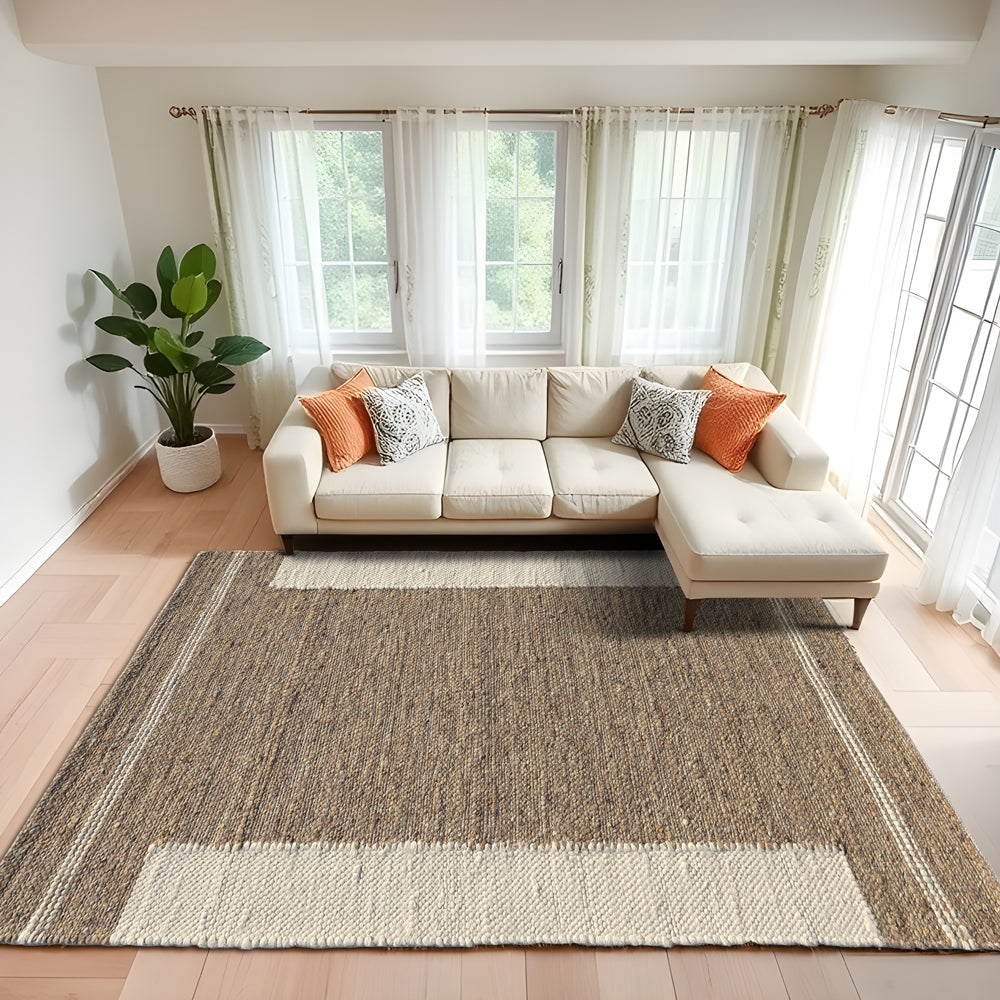 Swirl Hand Woven Collection, Brown with Partial Ivory Border Moroccan Patterned Wool Rug, Rectangle Shape Area Rug