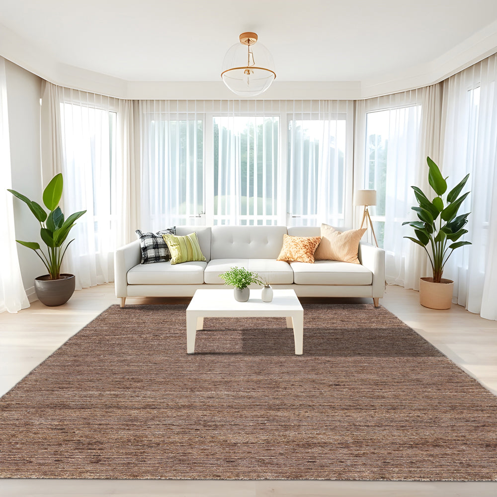 Area Rug, Hand WovenLight Brown Rib Cut Wool Rug, Linea Collection, Non-Shedding/Easy-Cleaning, Rectangle Shape