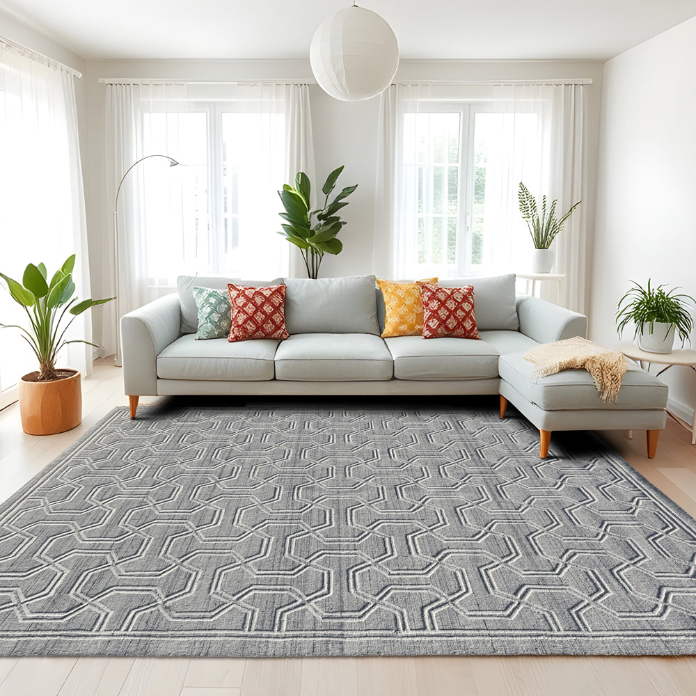 Tropical Hexagon Geometric Handmade Blue/White Tangled Wool Area Rug, Non-Shedding/Easy-Cleaning, Rectangle Shape Area Rug,