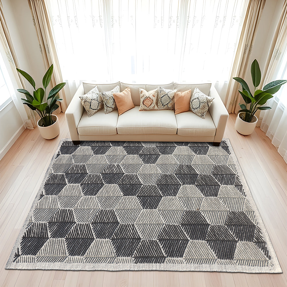 Tropical Geometric Handmade Light and Dark Grey Feather Wool Rug, Non-Shedding/Easy-Cleaning, Rectangle Shape Area Rug