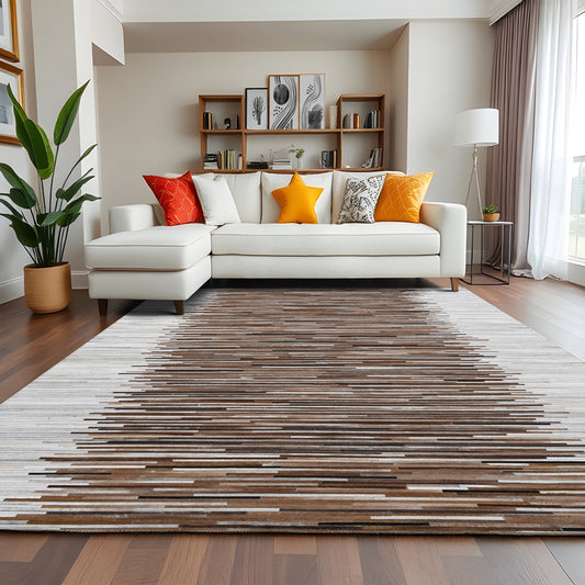 Leather Area Rug, Urban Art Stripe Handmade Brown/Ivory Area Rug, Rectangle Shape, Ideal for High Traffic Areas in Living Room & Bedroom