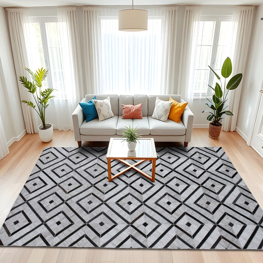 Leather Area Rug, Urban Art Geometric Handstitched Beige Area Rug, Rectangle Shape, Ideal for High Traffic Areas in Living Room & Bedroom