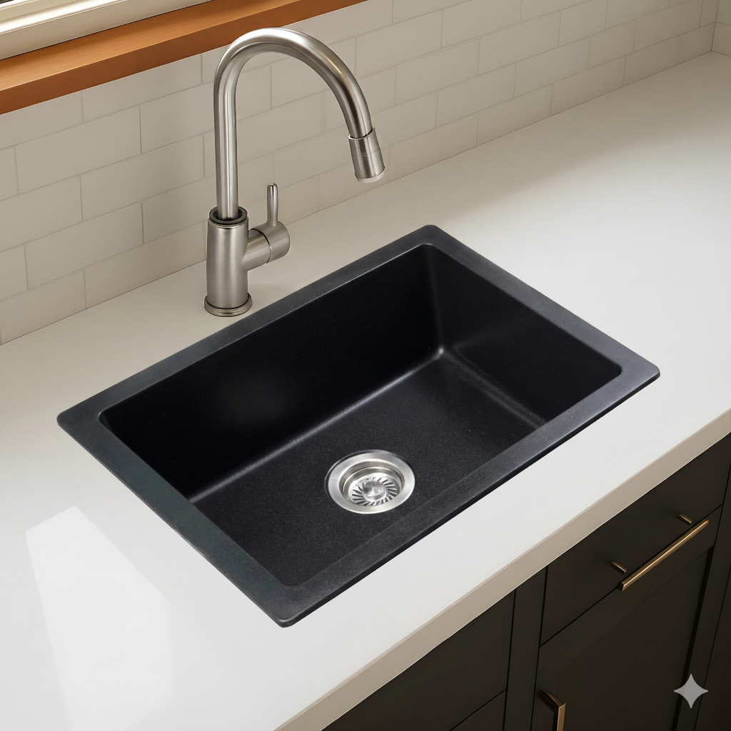 24" Quartz Composite Kitchen Sink - Dual Mount Single Bowl with Steel Drain Strainer