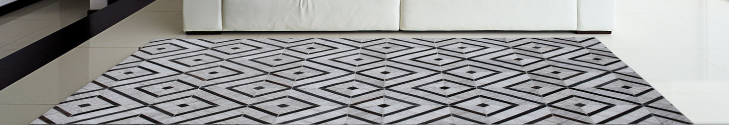 Diamond Grid Handmade Leather and Wool Area Rug