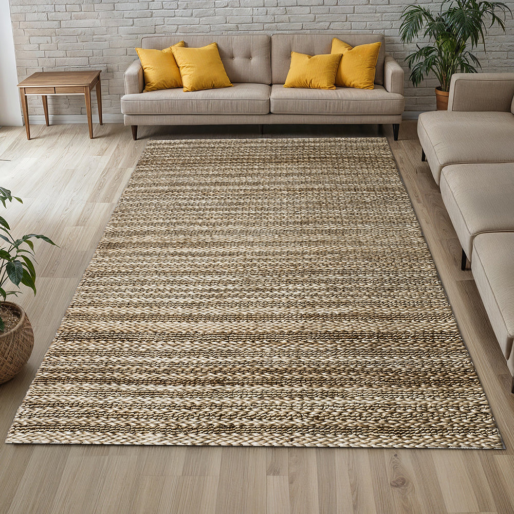 Zohra Solid Handmade Flatweave Granola Brown Loop Stripe Woven Area Rug, Rectangle Shape Jute/Cotton Area Rug