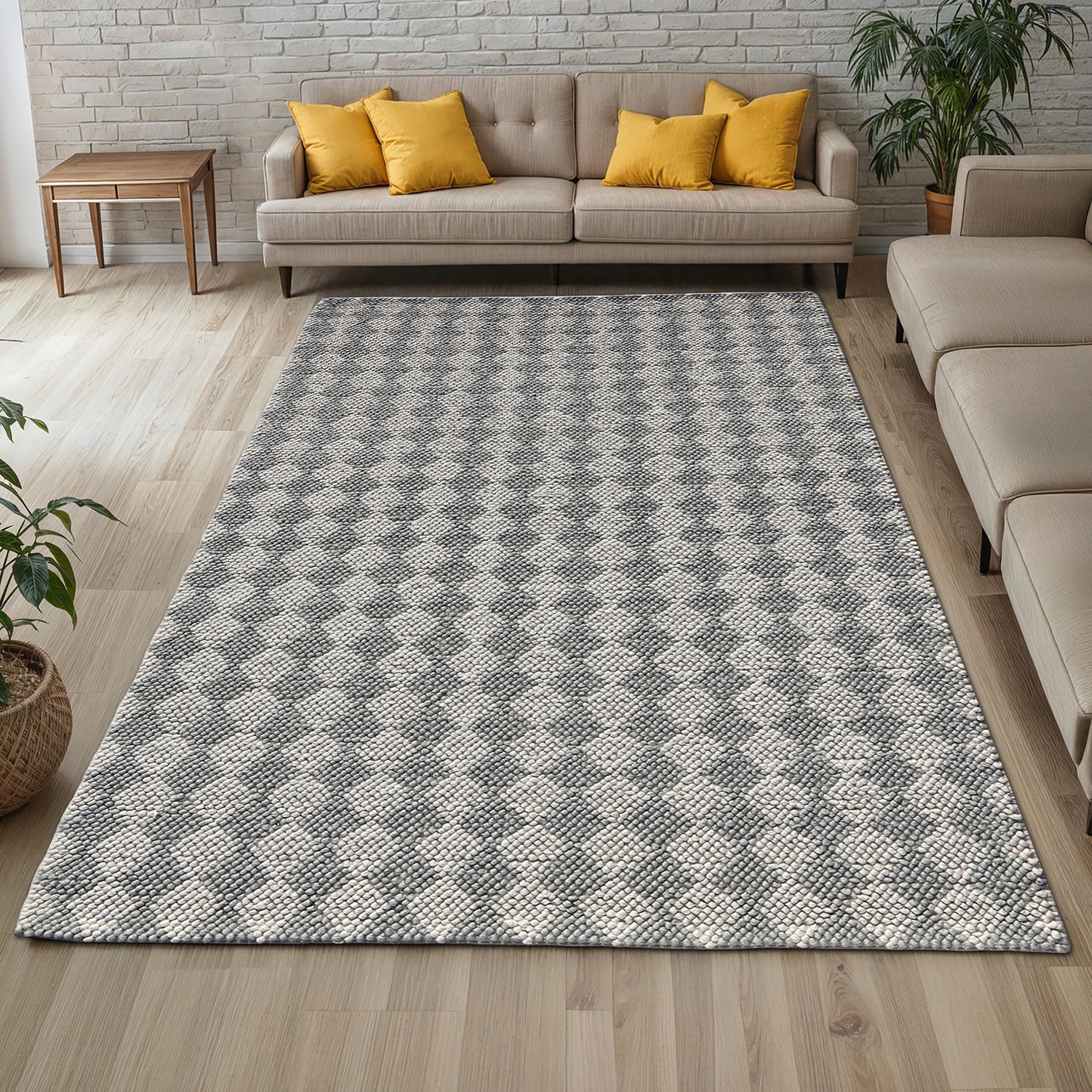 Hand Woven Grey on Grey Argyle Pattern Wool Rug, Rectangle Shape, Bubble Loop Pile Weave Area Rug