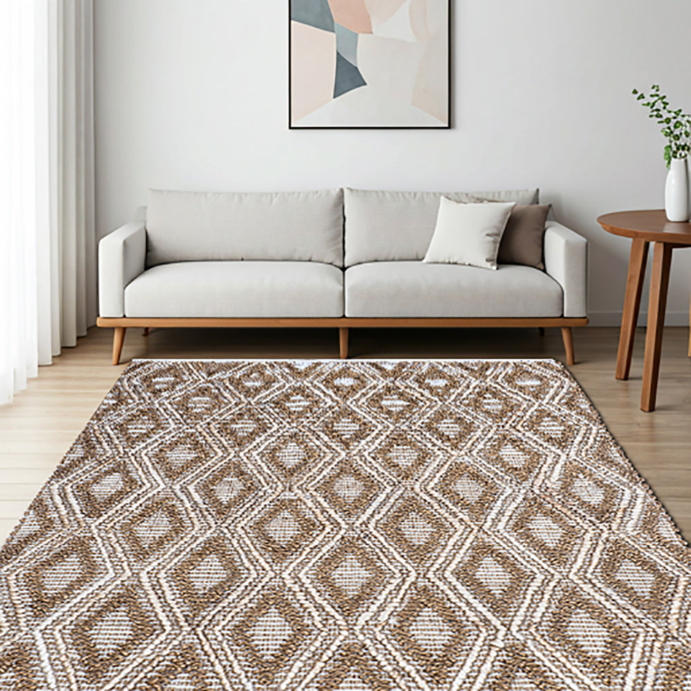 Handmade, Natural Fiber, Geometric, Bohemian, Coastal, Moroccan,  Lux, Flatweave, High Low Pile Rug, Rectangle Shape Brown/Ivory Jute Area Rug