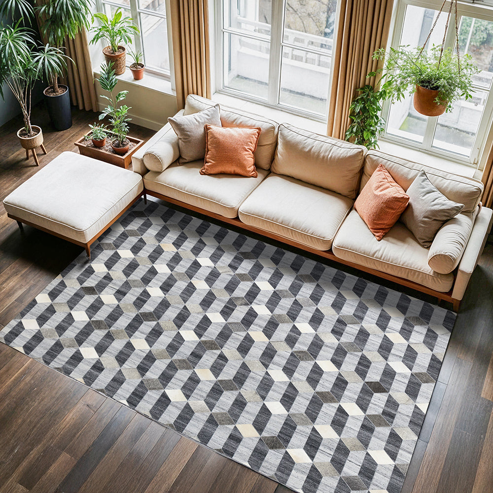 Handmade Grey and Beige Modern Geometric Cubed Patterned, Rectangle Shape Leather Area Rug