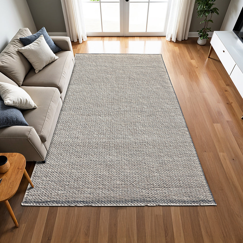 Hand Knotted Medium Pile Ivory Wool Rug, Braided Loop Pile Weave, Rectangle Shape, Easy-Cleaning Area Rug.