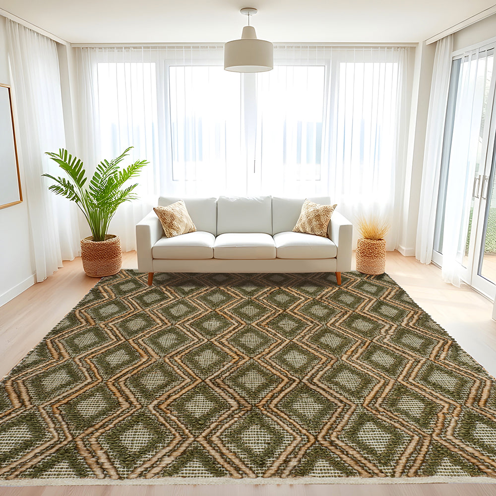 Geometric Handmade Flatweave Green & Brown High/Low Diamond Patterned Area Rug, Rectangle Shape Jute/Cotton Area Rug