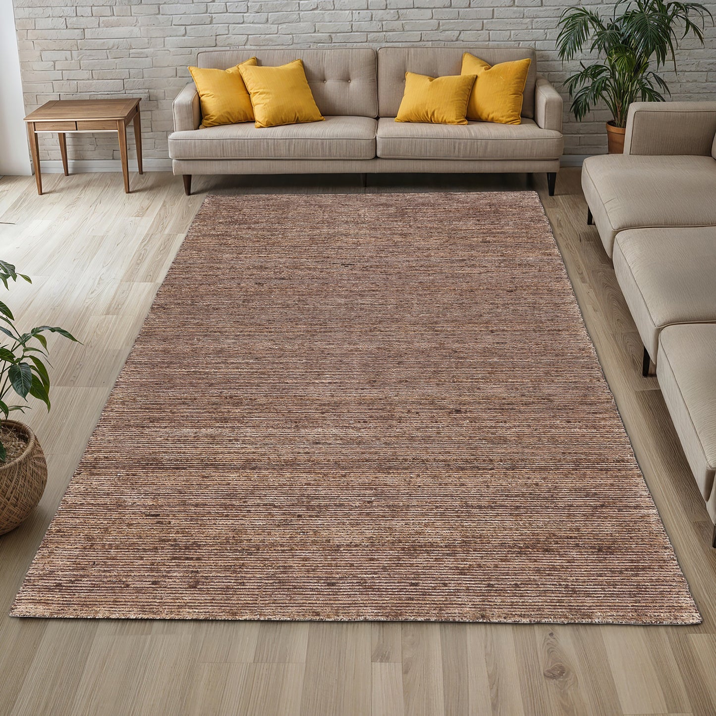 Area Rug, Hand WovenLight Brown Rib Cut Wool Rug, Linea Collection, Non-Shedding/Easy-Cleaning, Rectangle Shape