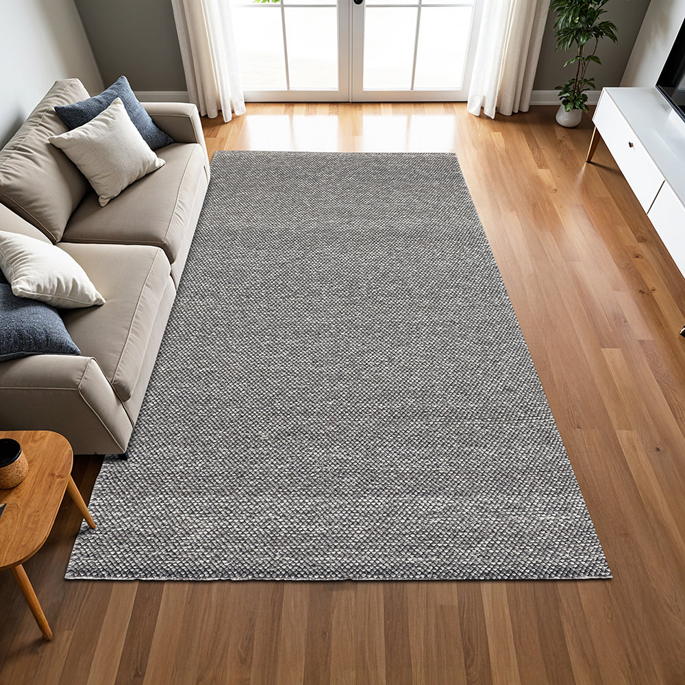 Hand Woven Natural Grey with Hint of White Wool Rug, Bubble Loop Pile Weave, Rectangle Shape, Easy-Cleaning Area Rug