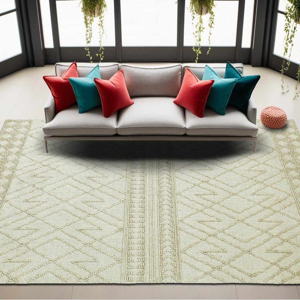 Natural Fiber, Handwoven Geometric Jute, Flatweave, Southwestern, Rectangle Shape, High/Low, Solid Ivory Jute Area Rug