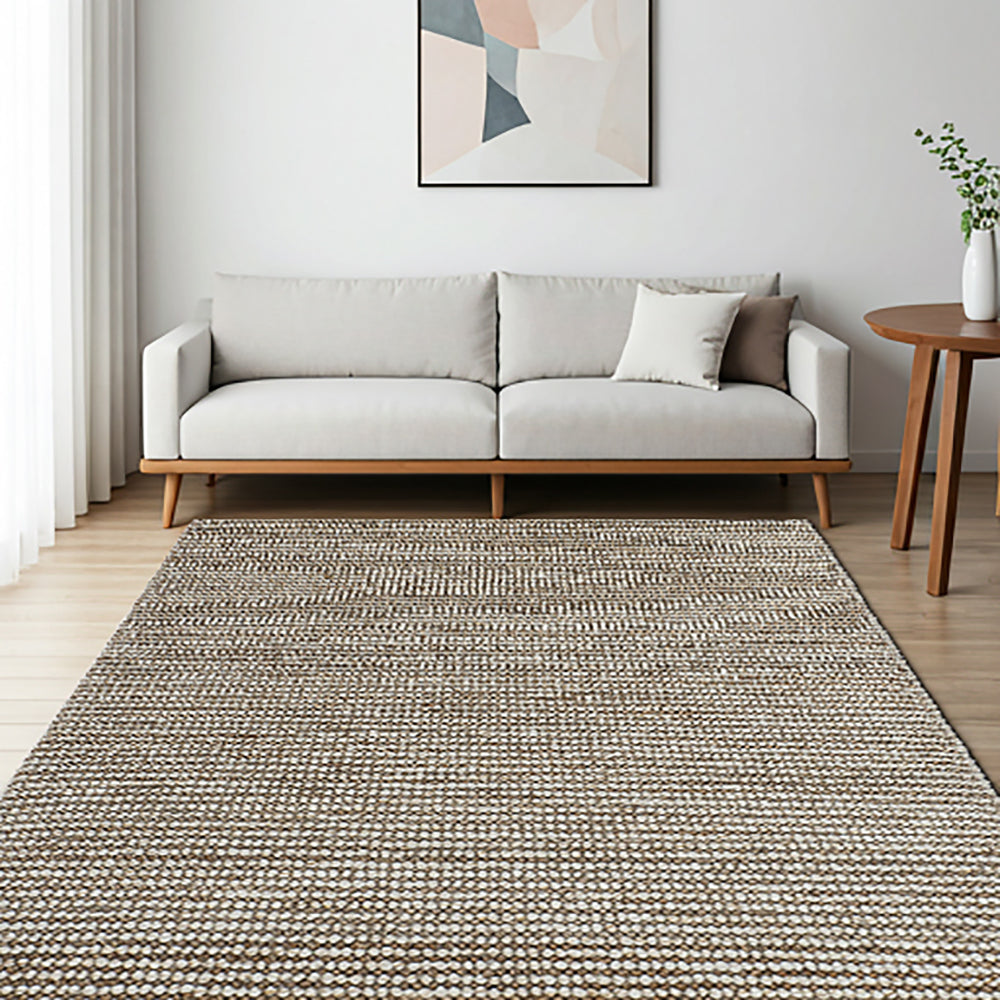 Noori Polka Dots Handmade Flatweave Brown Chunky Jute & Ivory Stripe Wool Area Rug, Rectangle Shape Jute Area Rug