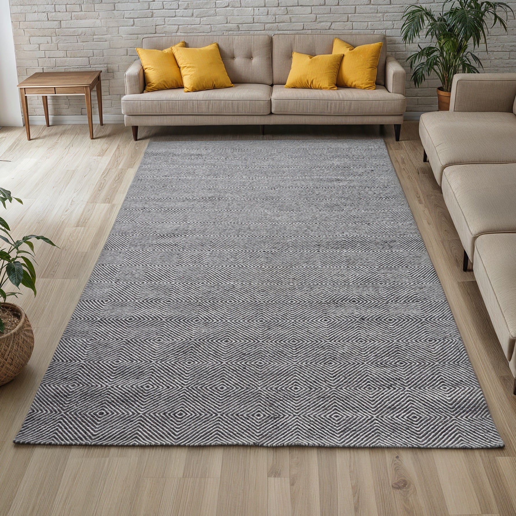 Hand Woven Ivory & Grey Diamond Lattice Patterned Wool Rug, Rectangle Shape, Coastal Flatweave Area Rug - Tufty Home