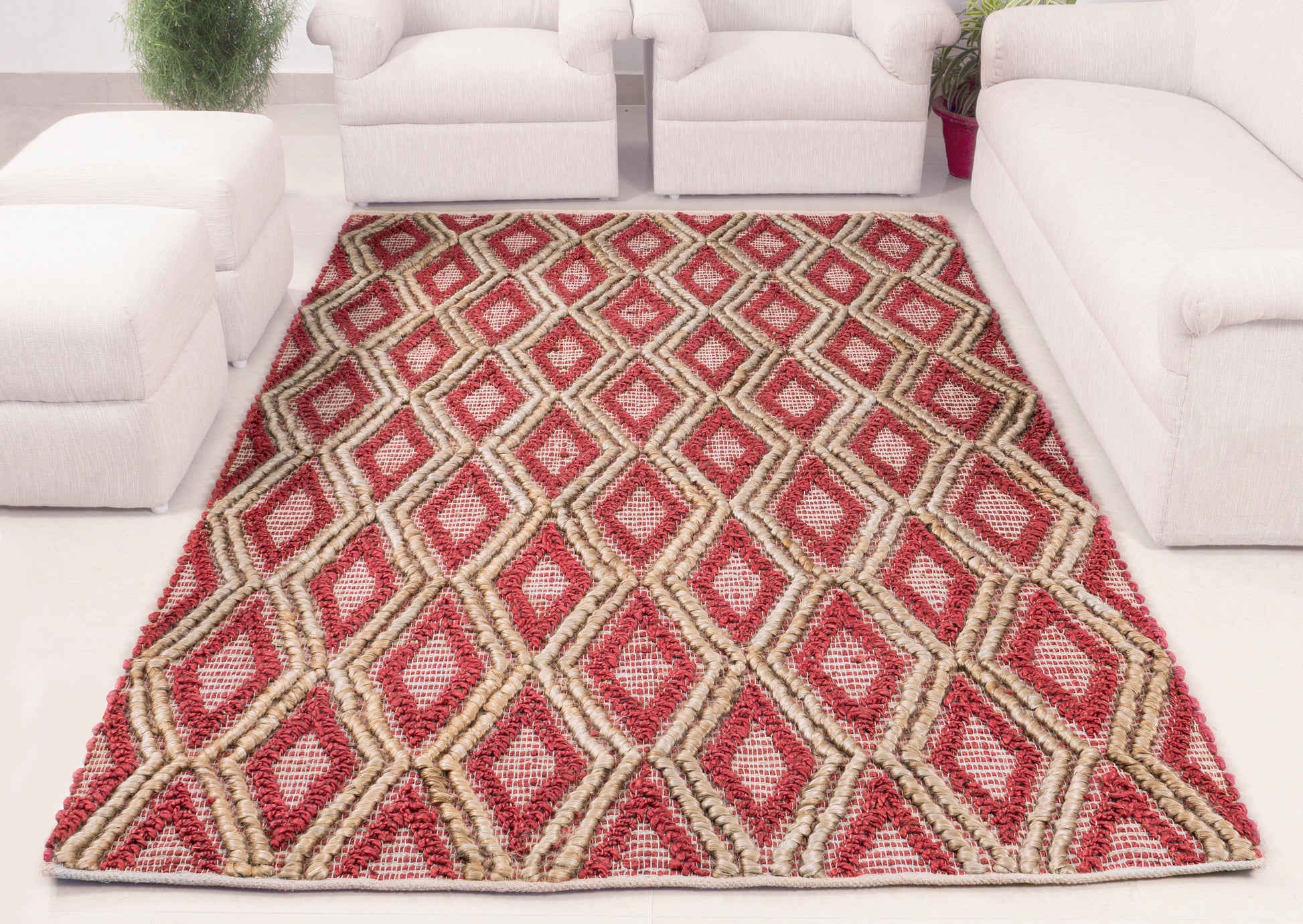 Ruby Lattice Handwoven Jute Accent Rug – Vibrant Elegance