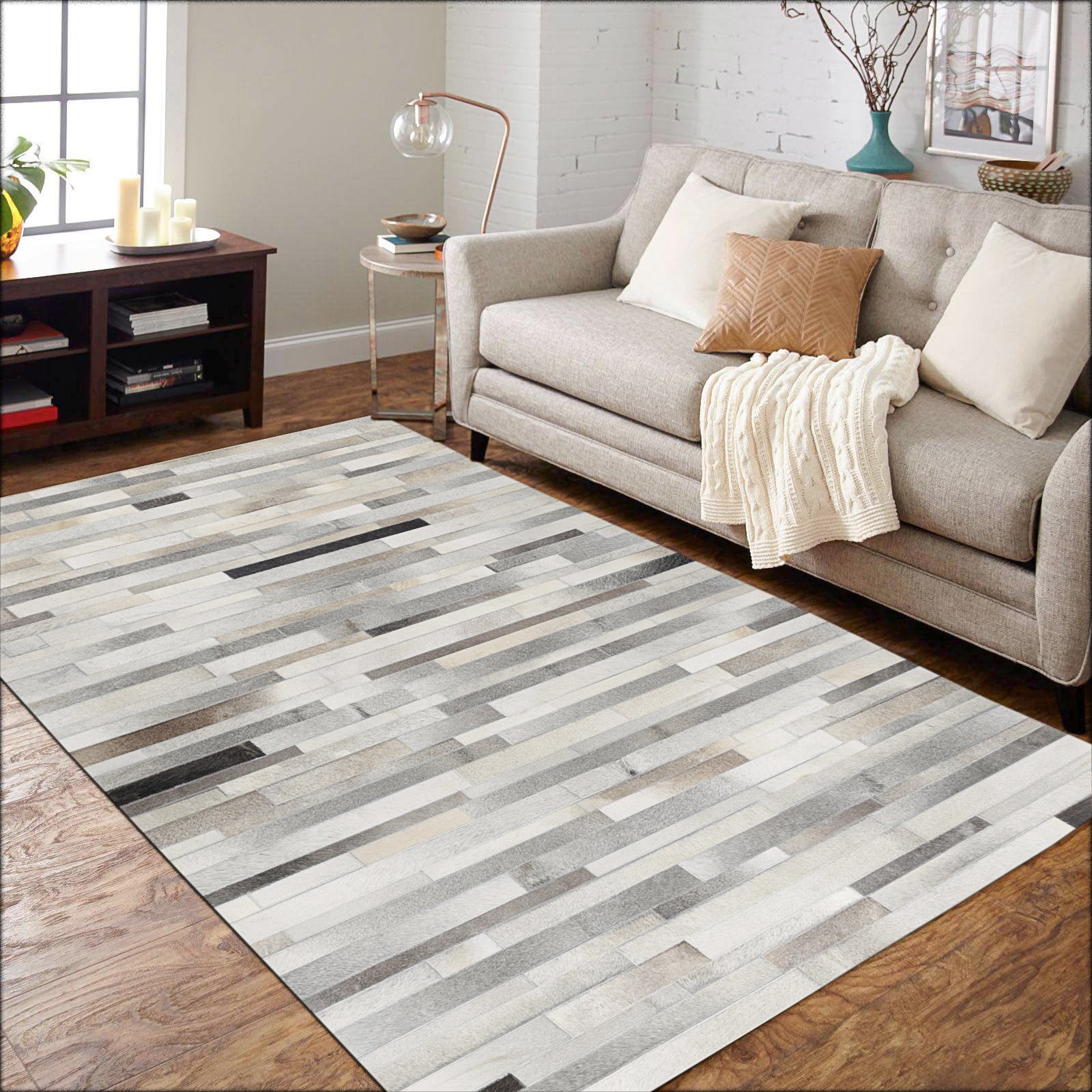 Hand-Stitched Beige, Black and Grey Leather and Wool Area Rug