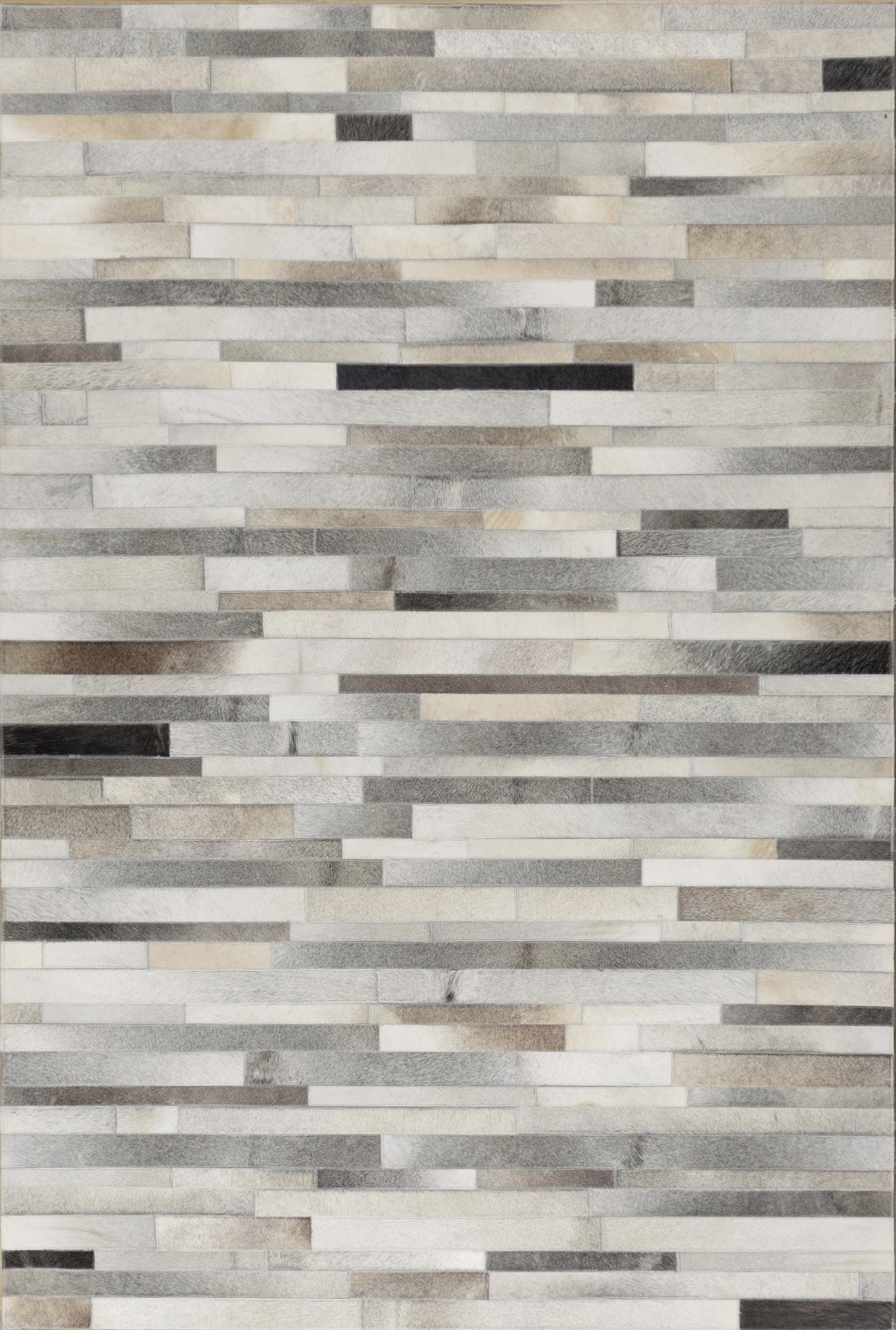 Hand-Stitched Beige, Black and Grey Leather and Wool Area Rug