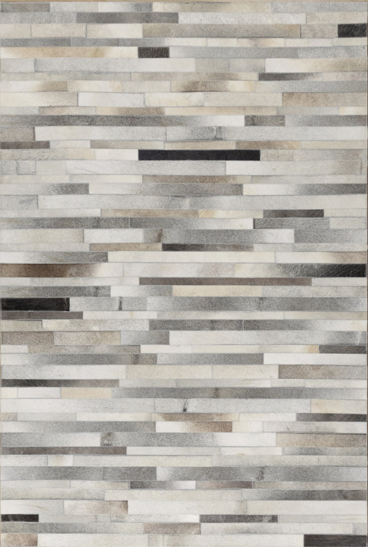 Hand-Stitched Beige, Black and Grey Leather and Wool Area Rug