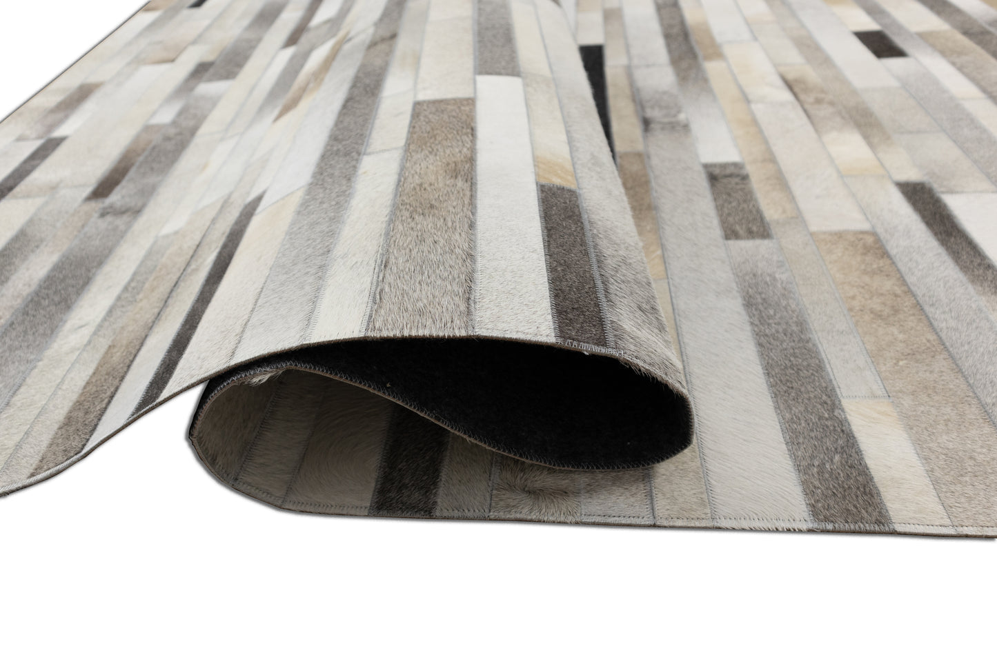 Hand-Stitched Beige, Black and Grey Leather and Wool Area Rug