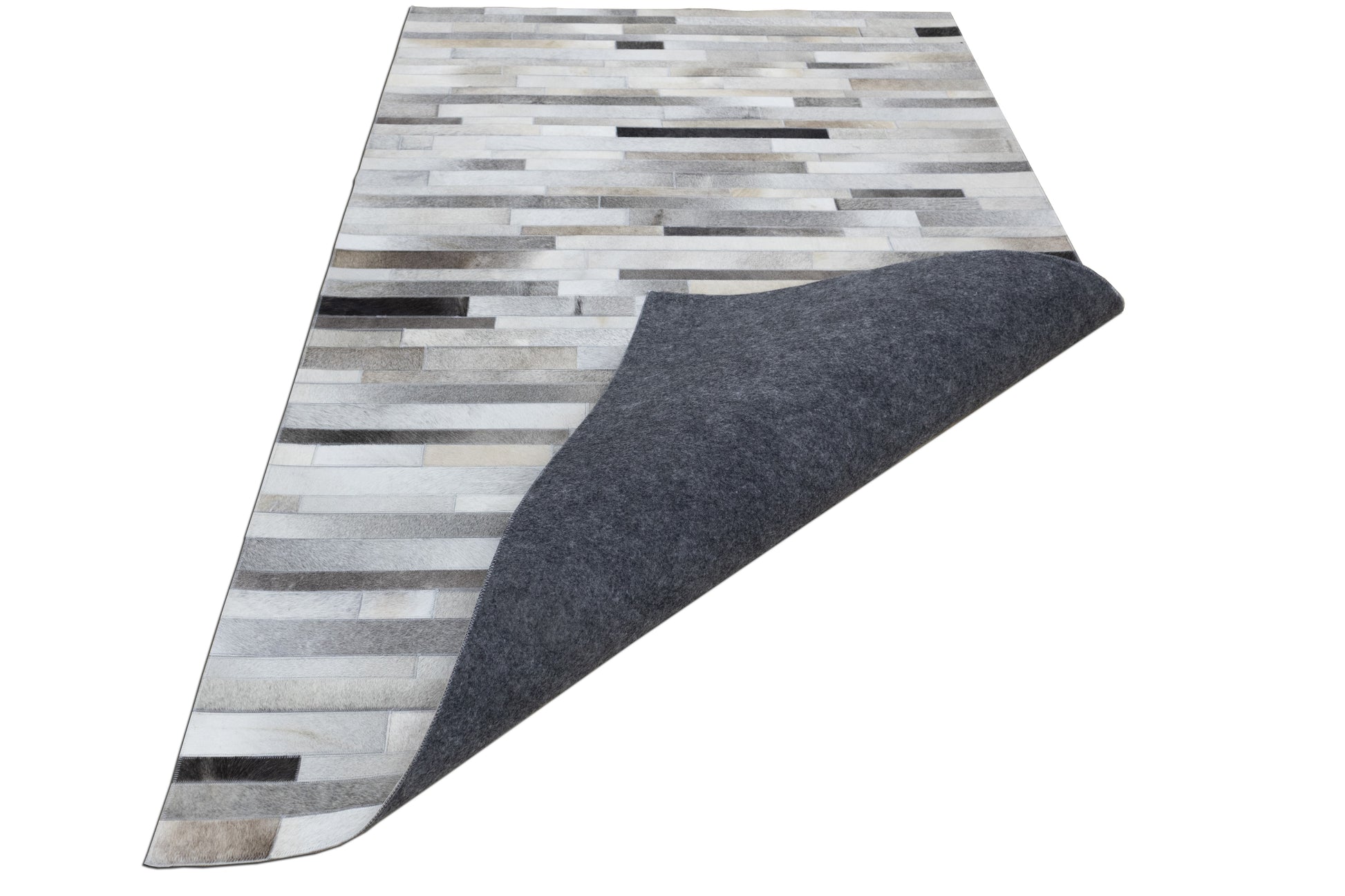 Hand-Stitched Beige, Black and Grey Leather and Wool Area Rug