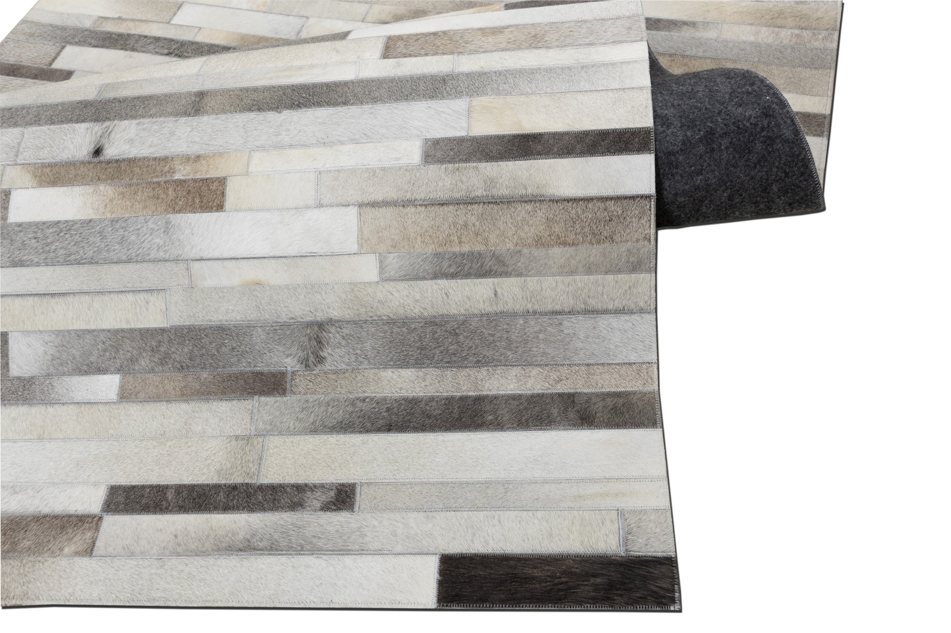 Hand-Stitched Beige, Black and Grey Leather and Wool Area Rug