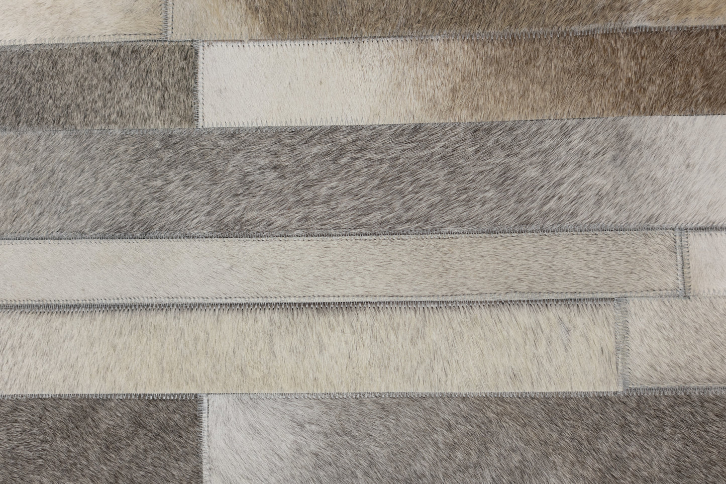 Hand-Stitched Beige, Black and Grey Leather and Wool Area Rug