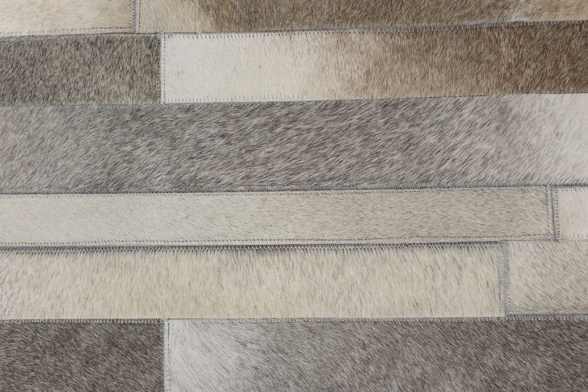 Hand-Stitched Beige, Black and Grey Leather and Wool Area Rug