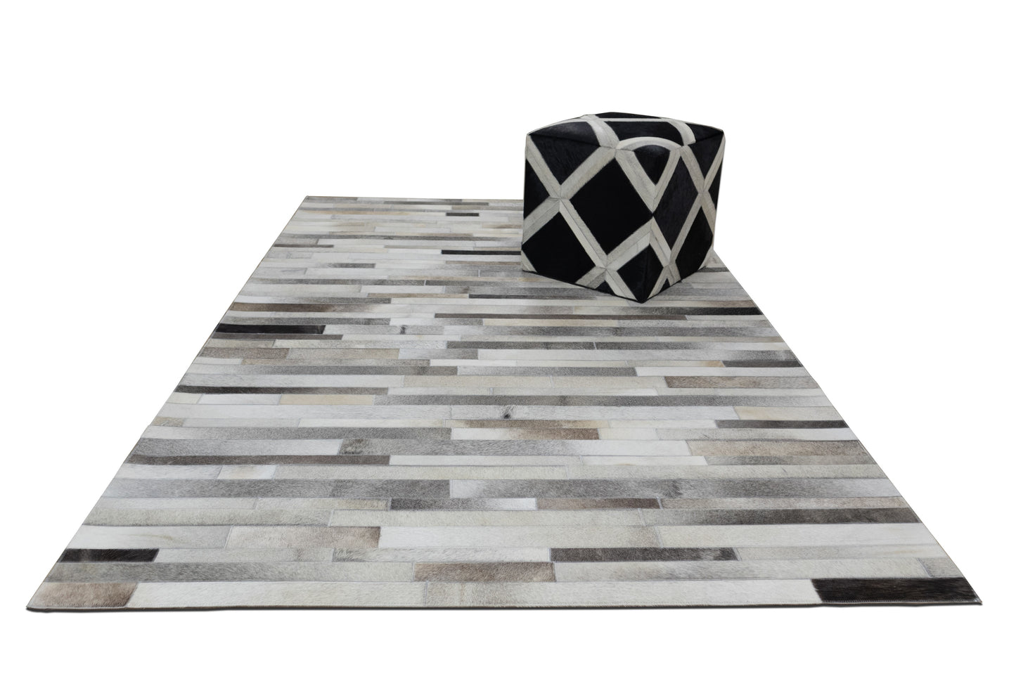 Hand-Stitched Beige, Black and Grey Leather and Wool Area Rug (TH230001-2)