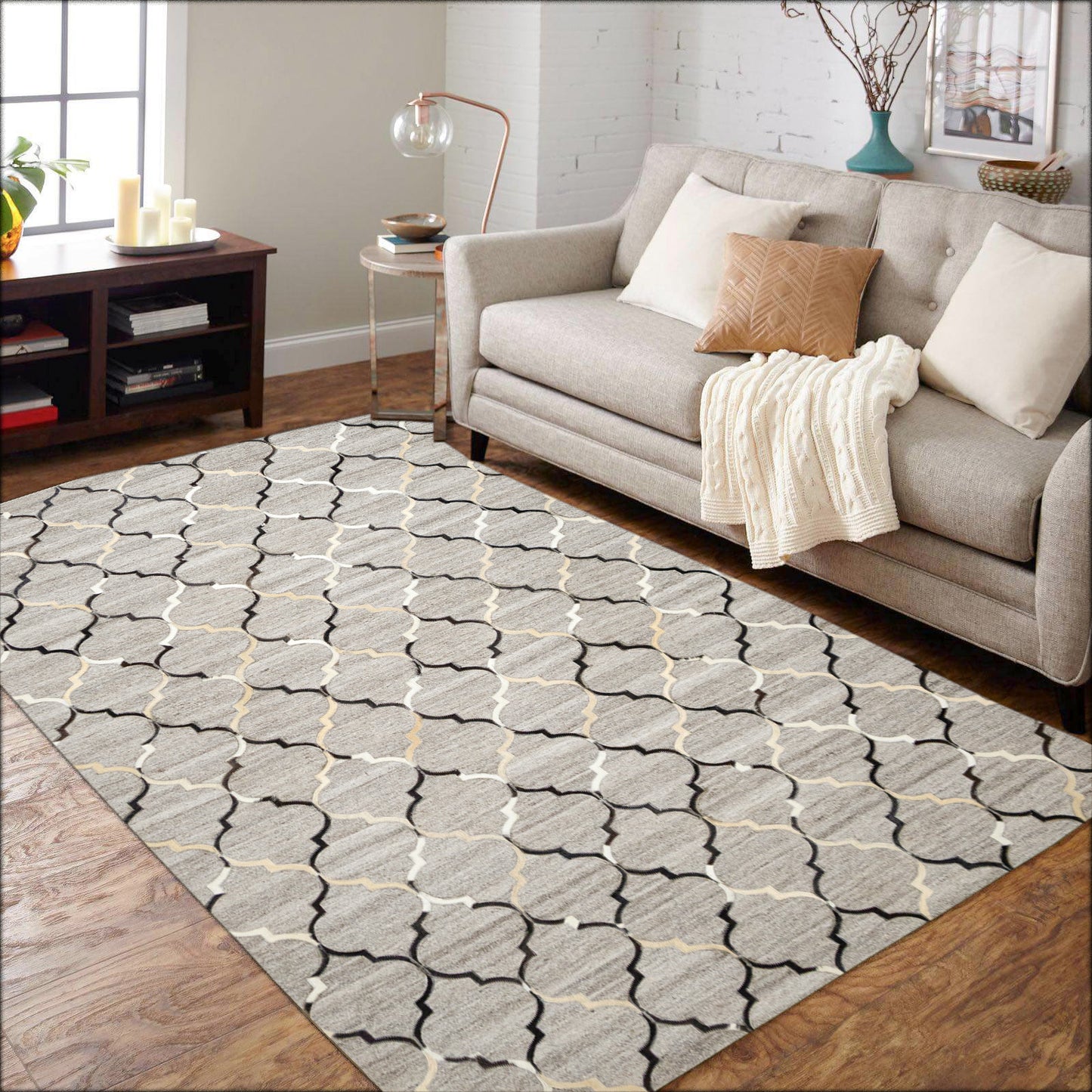 Hand-Stitched Beige and Grey Striped Leather Area Rug