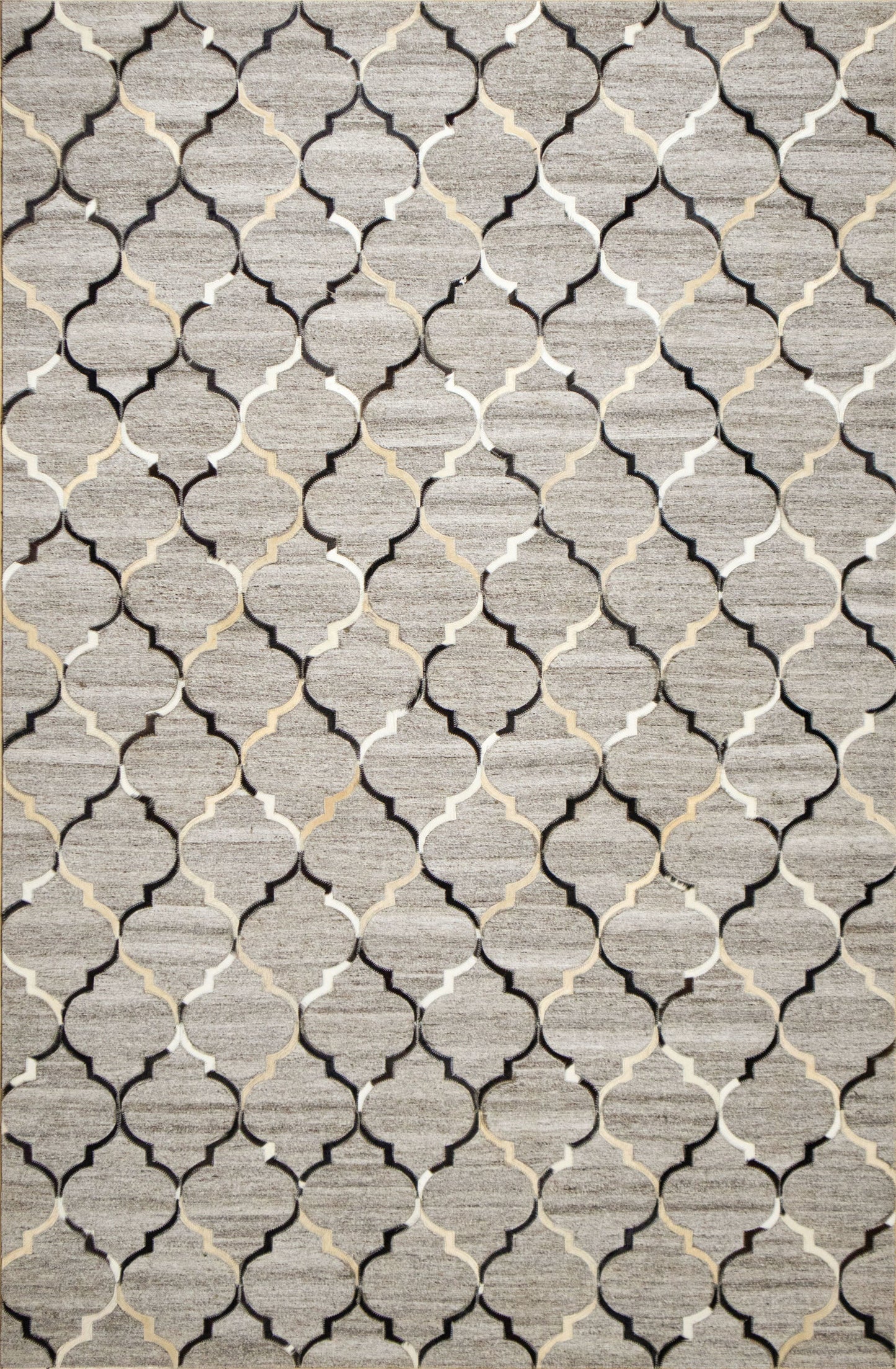 Hand-Stitched Beige and Grey Striped Leather Area Rug