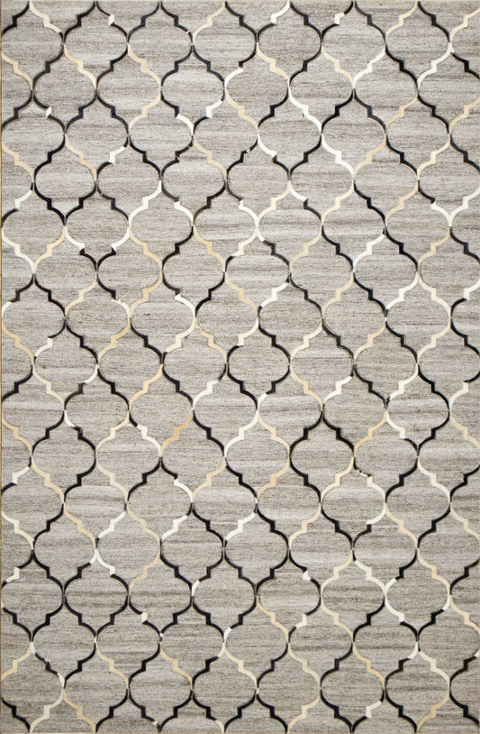 Hand-Stitched Beige and Grey Striped Leather Area Rug