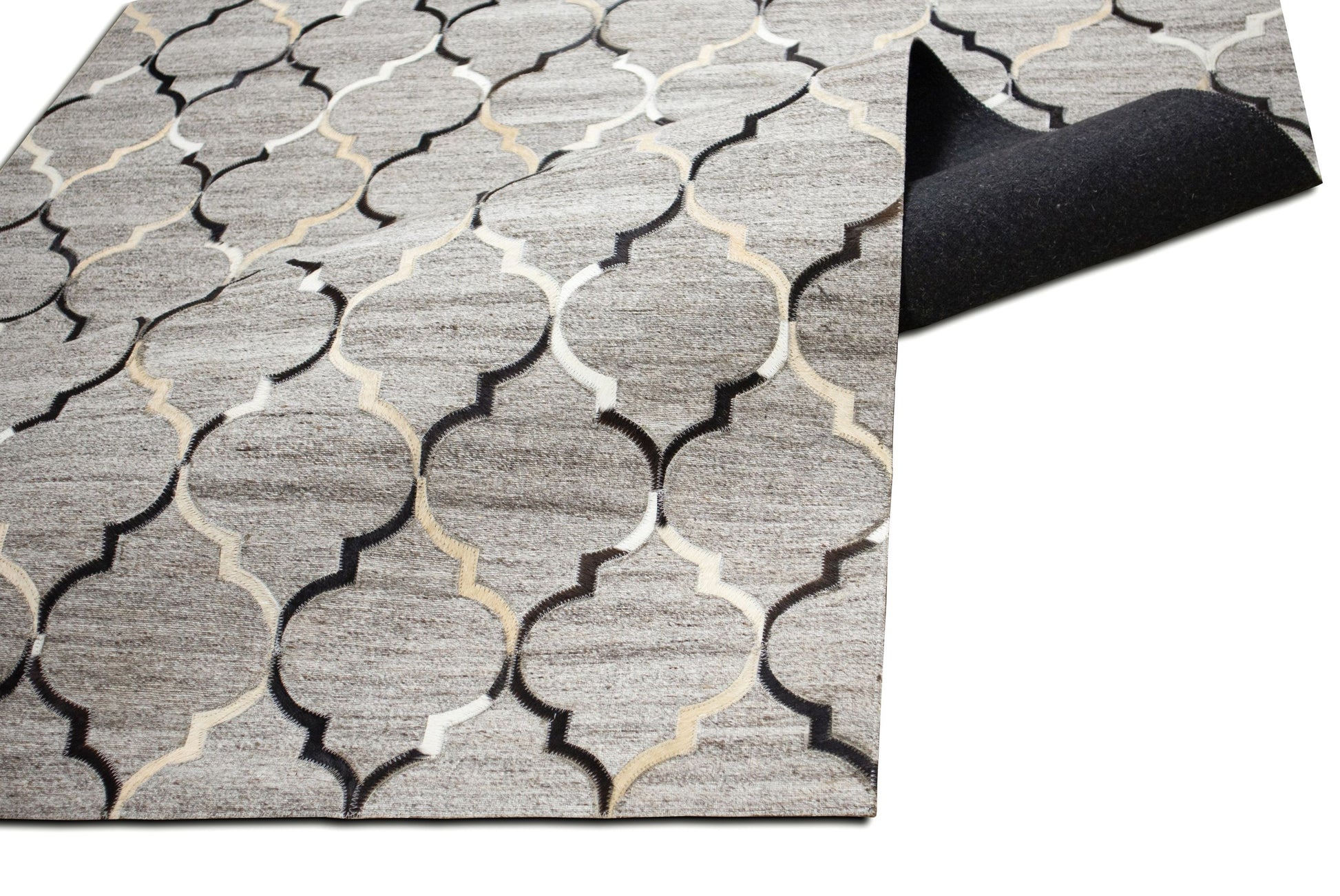 Hand-Stitched Beige and Grey Striped Leather Area Rug