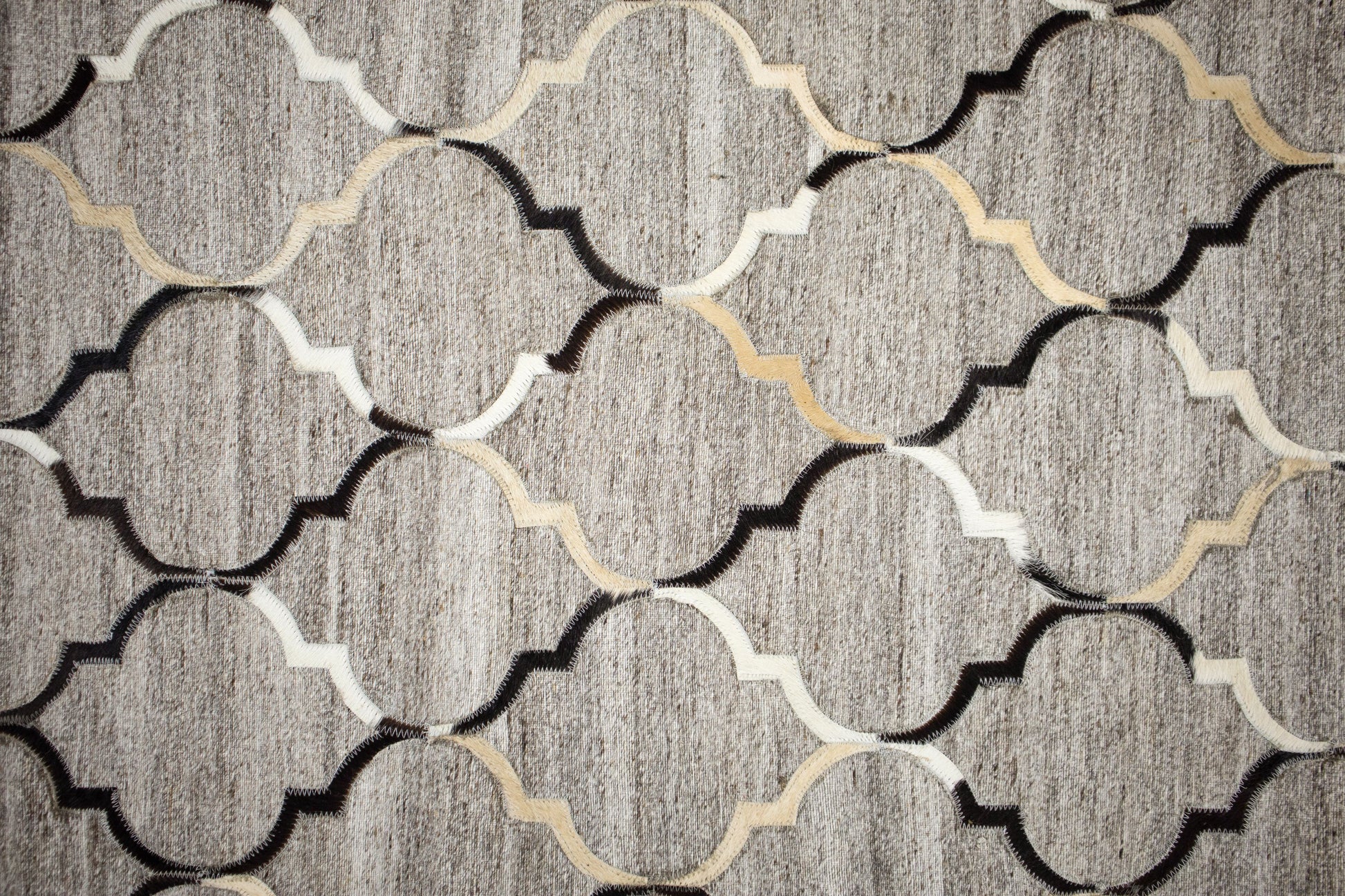 Hand-Stitched Beige and Grey Striped Leather Area Rug