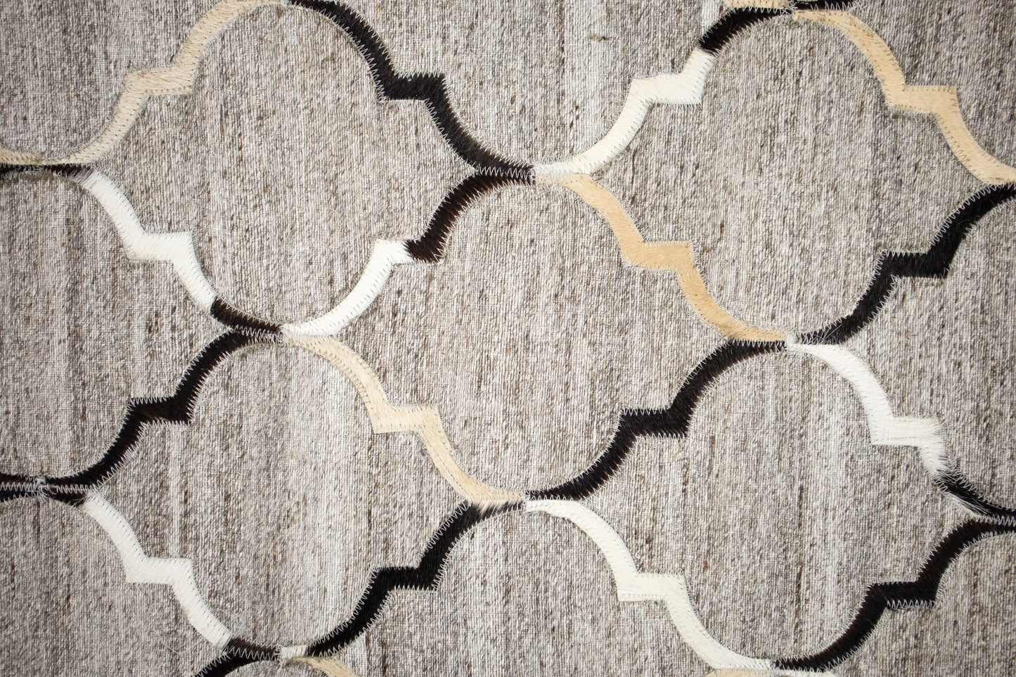 Hand-Stitched Beige and Grey Striped Leather Area Rug