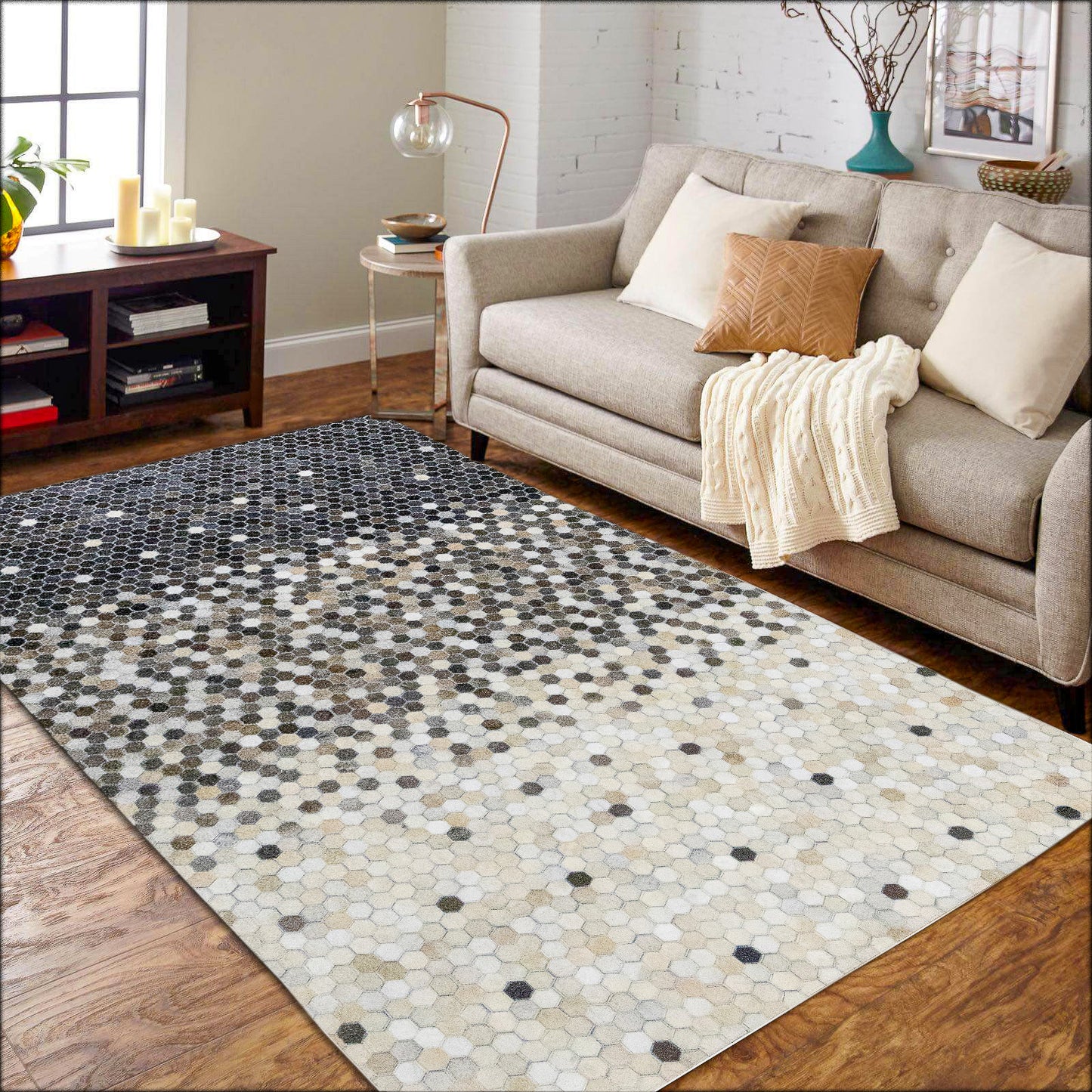 Handmade Grey, Ivory & Brown Abstract Leather Area Rug